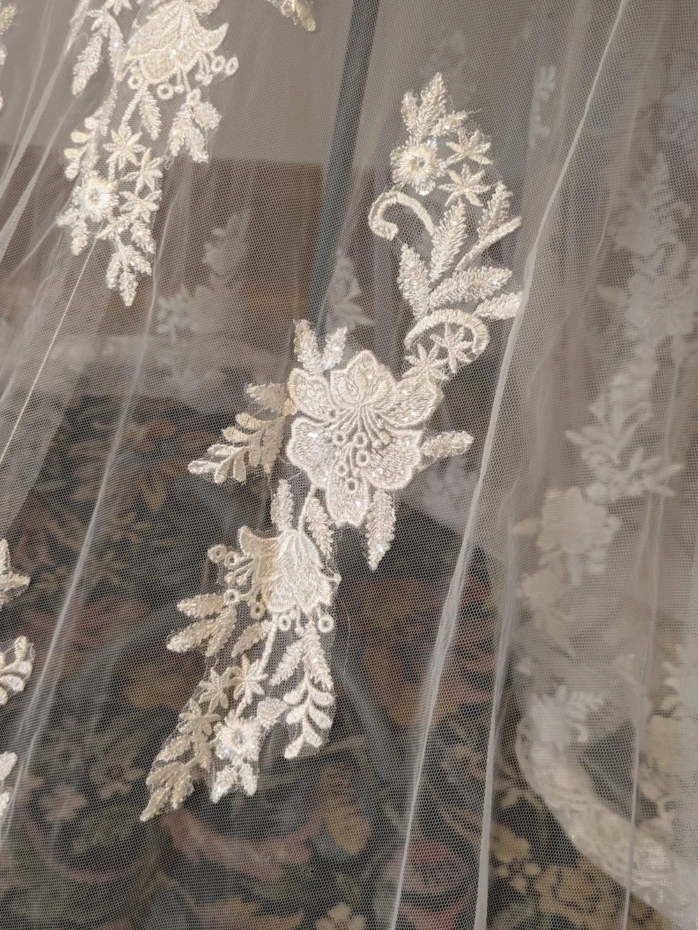 Ivory Beaded Bodice Bridal Overlay with Train and Floral Appliqué - Picture 11 of 12